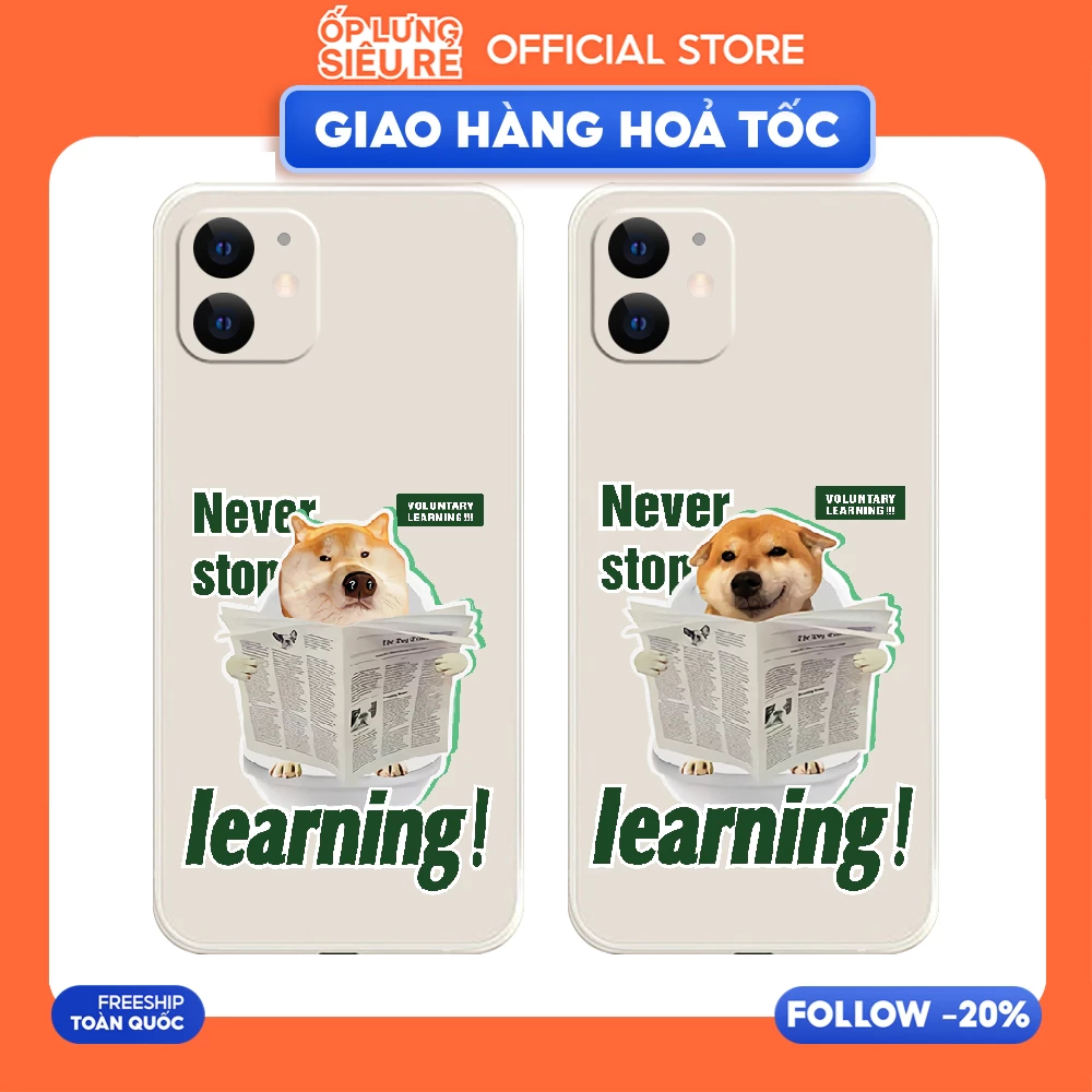 Ốp lưng cạnh vuông Iphone 6G/XR/11/12 Pro/13/14+/14 Pro/....viền bảo vệ camera hình Cún Đọc Báo