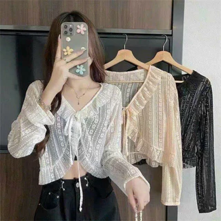 Áo khoác cardigan mỏng hoạ tiết bèo dây thắt tiểu thư A194