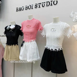 Áo len lưới tua gấu chữ D len thừng dáng croptop hàng loại đẹp A197