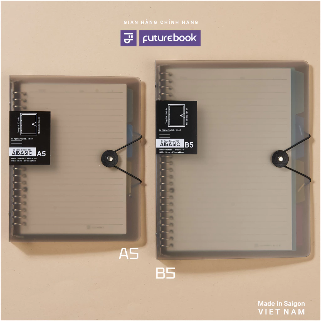 Sổ Còng Binder Aibasic A5 20 chấu, B5 26 chấu, A4 30 chấu, Kèm Ruột Giấy Refill, Làm Sổ Tay Planner FUTUREBOOK