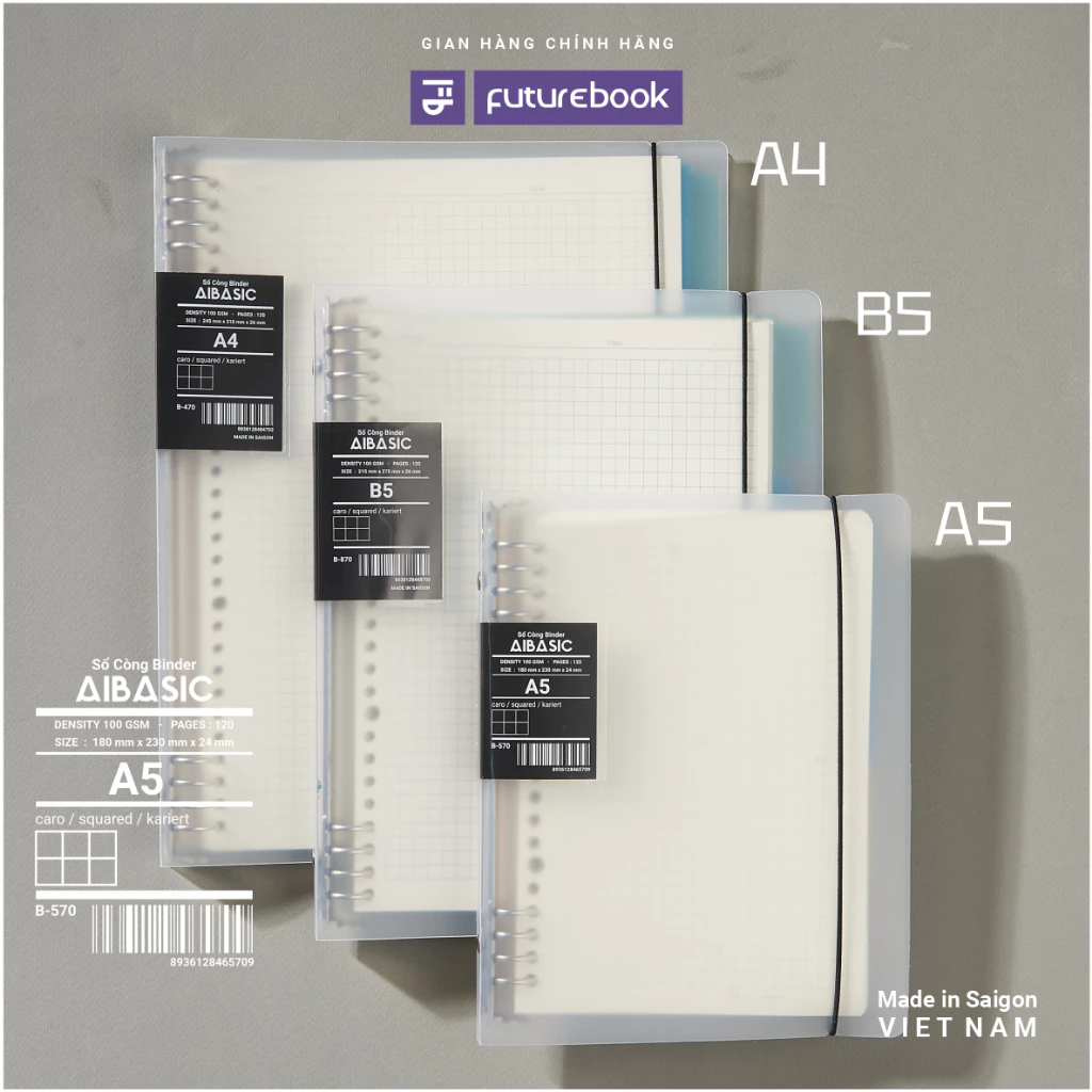 Sổ Còng Binder 8 Chấu Aibasic A5 B5 A4, Kèm Ruột Giấy Refill, Làm Sổ Tay Planner FUTUREBOOK