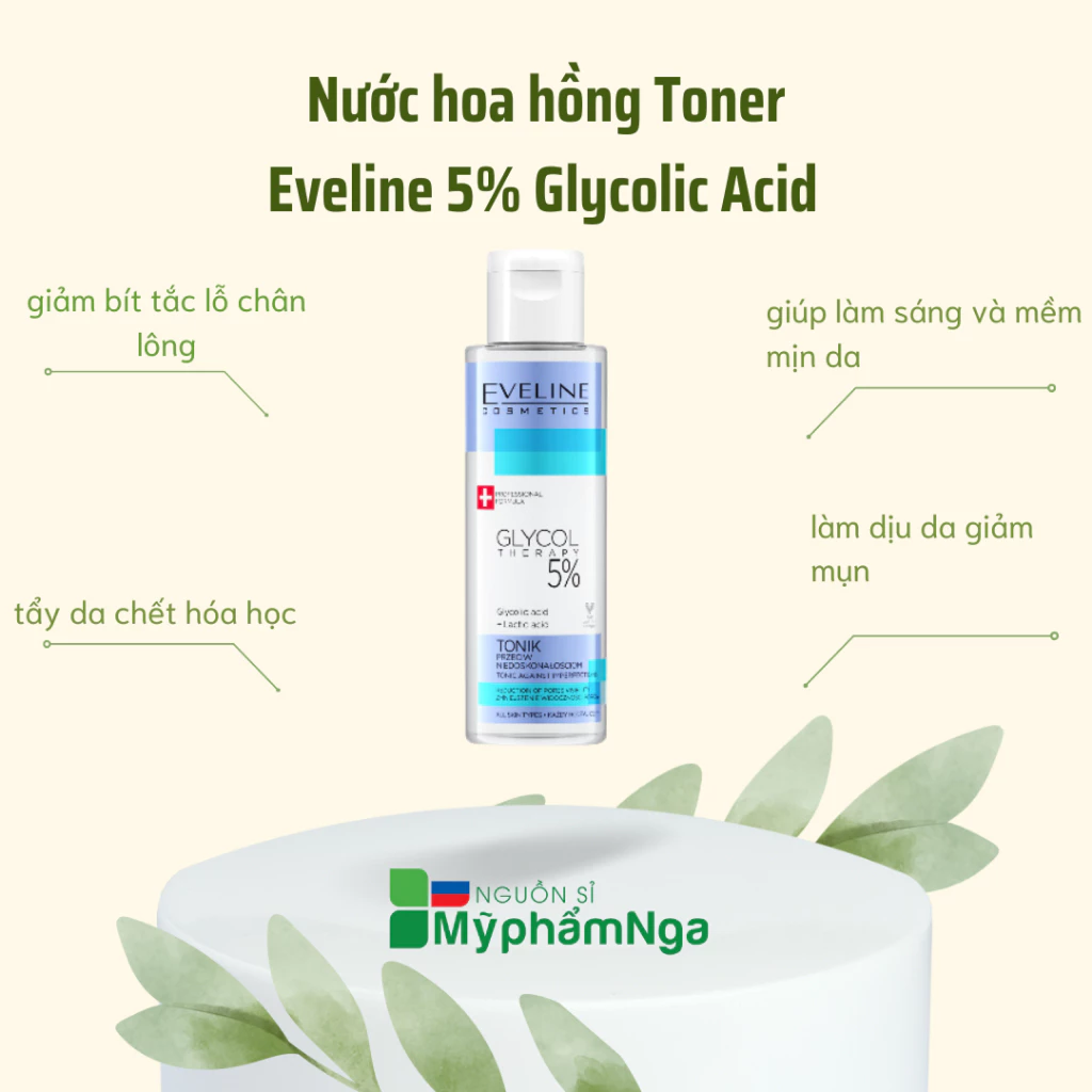 Nước hoa hồng Toner Eveline 5% Glycolic Acid  (xanh)  căng bóng, láng mướt, mờ thâm mụn