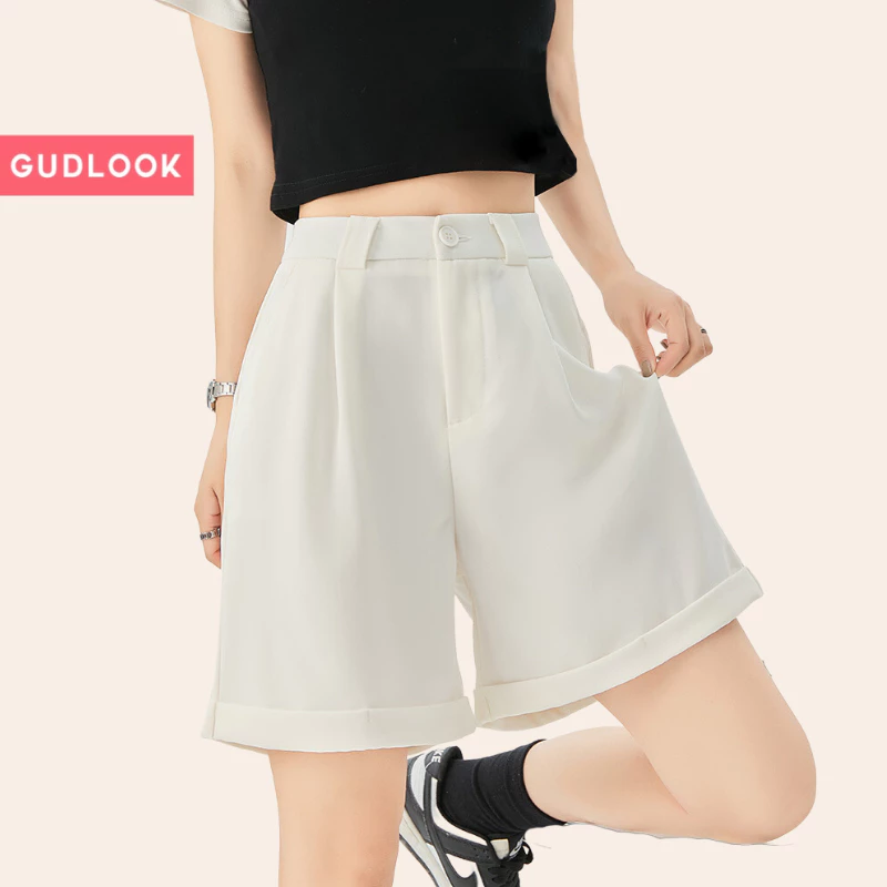 Quần Short Cạp Cao GUDLOOK Dáng Lửng Gấp Gấu 4 Màu Thời Trang