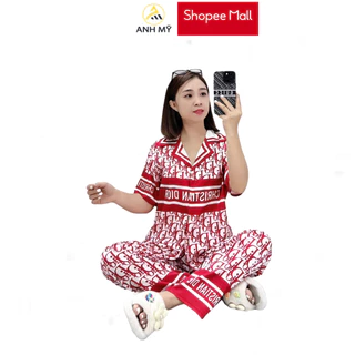 Đồ bộ nữ mặc nhà ANH MỸ pijama chất liệu lụa xước ánh kim thiết kế 5D cao cấp tay ngắn quần dài  SP0009 official.anhmy