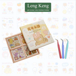 Sticker cute Leng Keng hộp sticker 100 miếng trang trí tập vở bình nước tặng kèm nhíp gắp