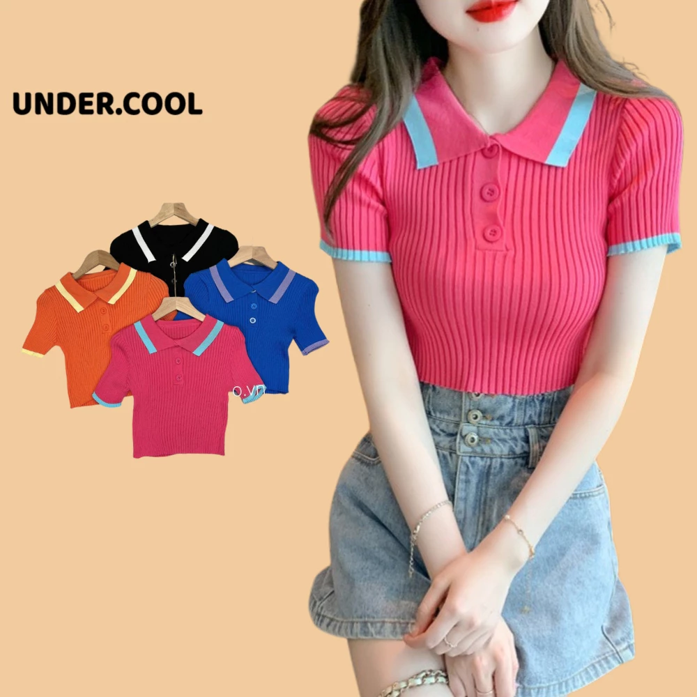 Áo Croptop Nữ Cổ Polo Len Nữ Mongtoghi Cộc Tay Cổ Phối Viền chất len tăm mỏng co dãn phong cách trẻ trung