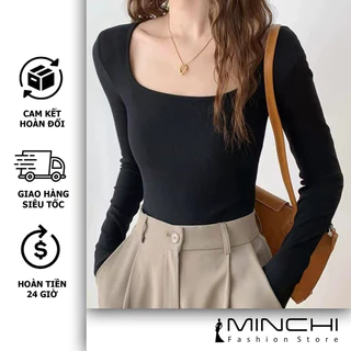 Áo Thun Nữ CRopTop Dài Tay Minchi Cổ  Vuông , Cổ Tròn Cotton Borip Co Giãn Đơn Giản Basic Trẻ Trung Năng Động