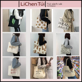 Túi tote vải canvas có khóa kéo _ngăn phụ bên trong unisex đựng đồ đi học đi làm T06 Lichen túi