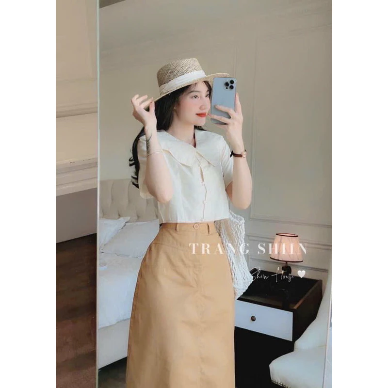 Set váy thời trang nữ mặc đi chơi áo croptop tay ngắn cài nút cổ bèo phối chân váy chữ A dài chất cotton lạnh