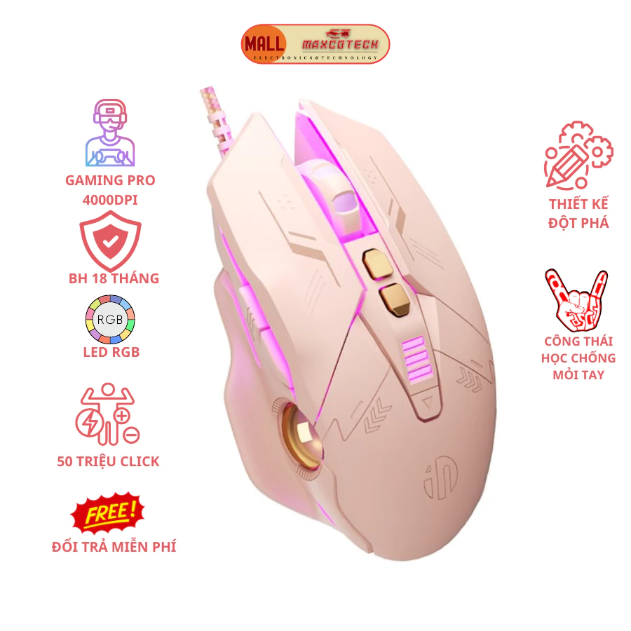 Chuột máy tính game thủ Maxcotech inphic PW5 hồng trà sữa Gaming chuyên nghiệp, Led Rgb 7 nút bấm DPI 4000