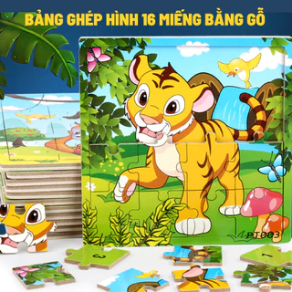 Tranh ghép hình 16 miếng bằng gỗ in hình ngộ nghĩnh cho bé, đồ chơi xếp hình 16 miếng với kích thước 15x15 cm