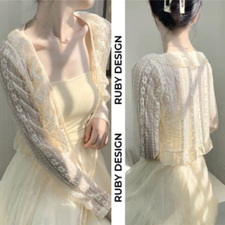 Áo khoác len nữ , áo khoác nữ ren mỏng hoa nổi tay dài dáng croptop cột dây Bèo Cổ  phong cách Hàn quốc - Ruby Design