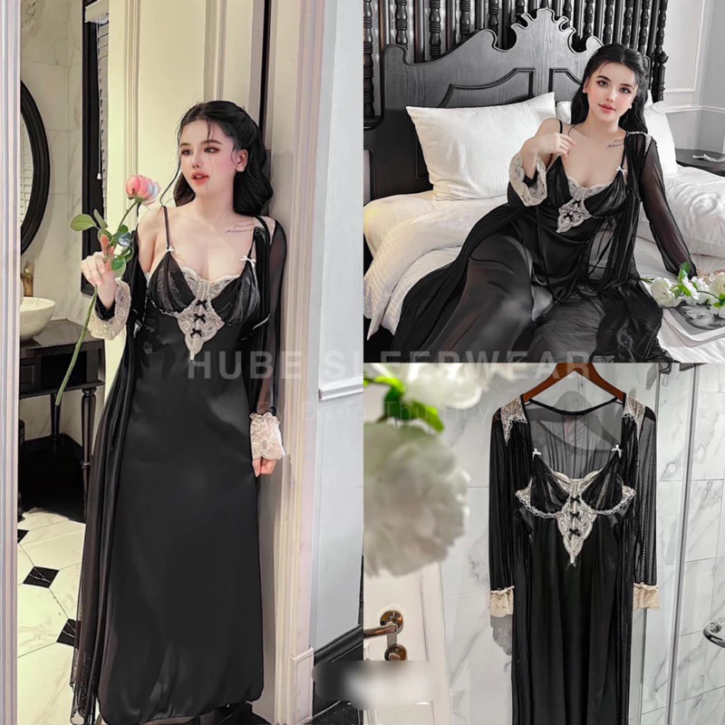 < Có sẵn >( CAO CẤP ) Set Váy Ngủ Kèm Áo Choàng Lụa Dáng Dài Dây Ren Eo Nơ LyLy QC Cao Cấp Chuẩn Ảnh - Hube Sleepwear