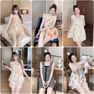 Bộ ngủ dây Pyjama nữ chất siêu mát freesize hoạ tiết dễ thương