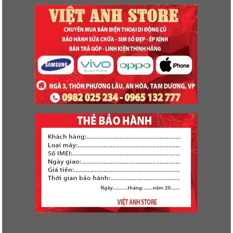 55k Cho 100 Thẻ Bảo Hành Cửa Hàng Điện Thoại