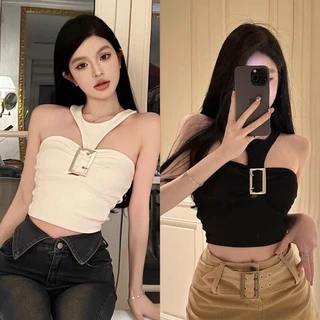 Áo Kiểu Croptop Đính Khoen Vuông Cá Tính Áo Có Mút Đệm