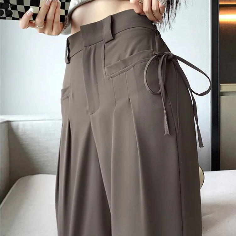 Quần ống rộng lưng cao khóa trước dáng dài túi ngang thắt nơ m09