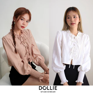 Áo sơ mi crop top xếp li cổ bèo, tay dài bo thun, Lumi Blouse