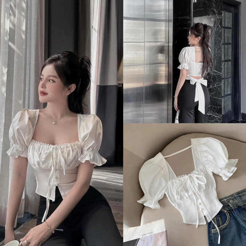 Áo croptop tay bồng cổ vuông bo eo cột nơ sau