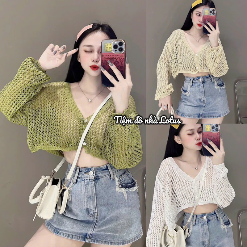 Áo khoác cardigan lưới nút ngọc form croptop trẻ trung phù hợp khoác ngoài bikini, Tiệm đồ nhà Lotus