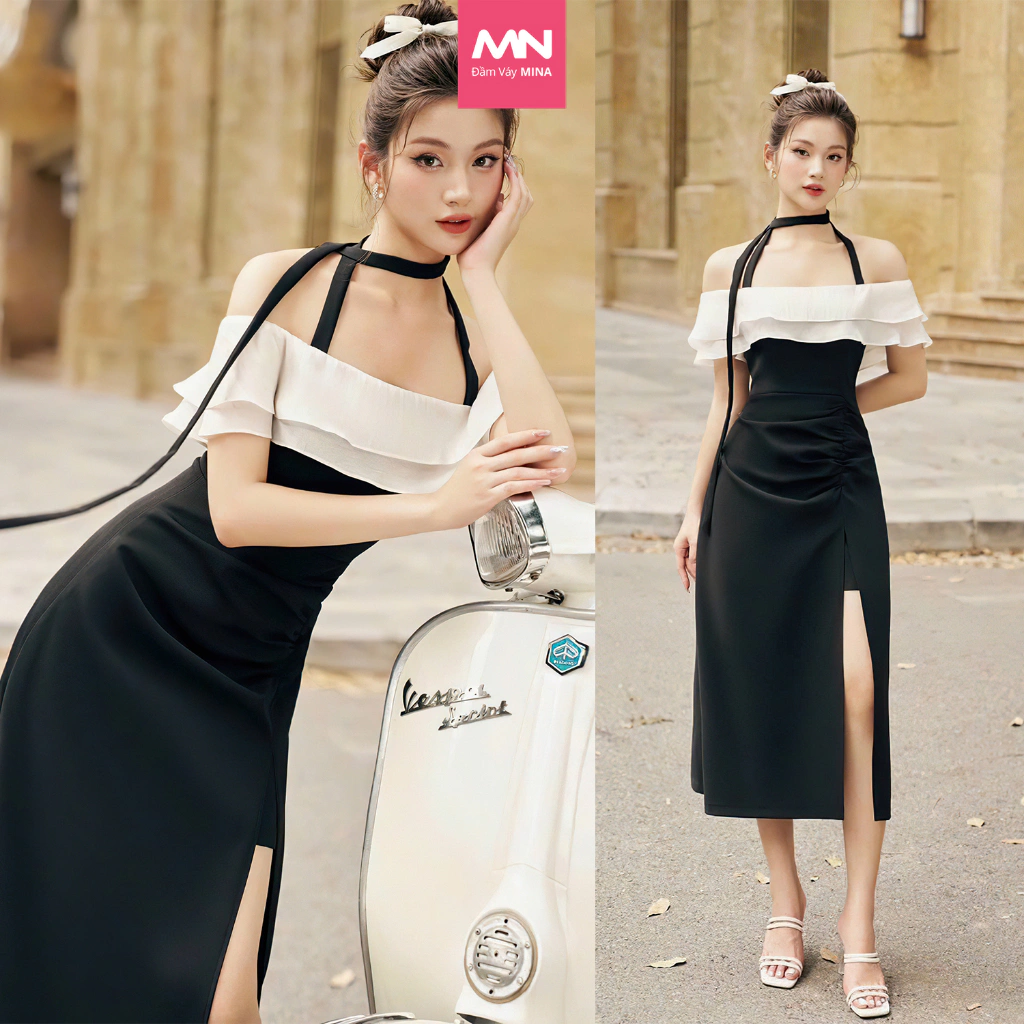 Đầm nữ cúp ngực trễ vai dáng dài thương hiệu Đầm Váy Mina chất liệu Cotton - MN230