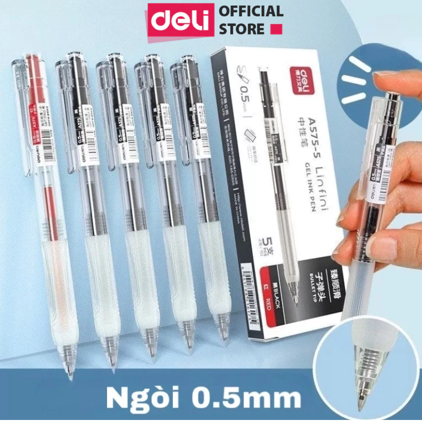 Bút bi nước bút gel bút mực bấm văn phòng Deli mực đen ngòi 0.5mm học sinh mực đều A575 - có ruột thay thế