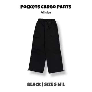 Quần xuông ống rộng cạp chun Nữ Đen Pocket Cargo Pants ET.TEE Quần ống rộng dây rút ống Umi cạp chun Freesize Q460