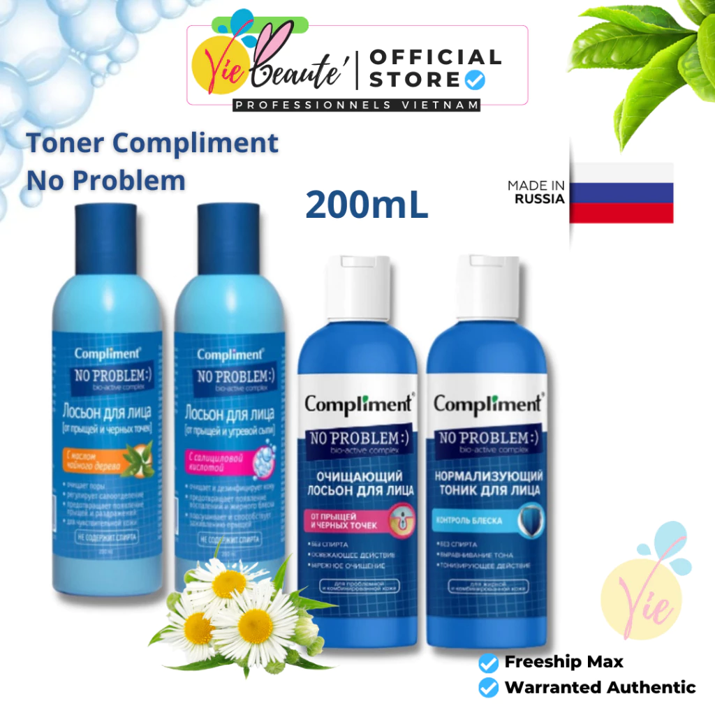 Nước hoa hồng Compliment No Problem Toner chứa BHA giúp cân bằng da làm sạch sâu kiềm dầu giảm viêm 200ml