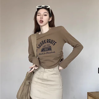 Áo Thun Nữ Tay Dài Dáng Croptop In Họa Tiết Phối Dây Rút Phong Cách Retro Thời Trang Sugal TOP NU 094