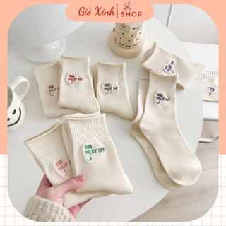 Tất vớ cotton co giãn trắng nữ cổ cao phong cách Hàn Quốc dễ thương thêu chữ hình mặt cười