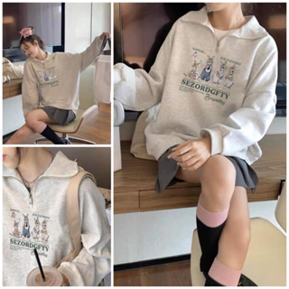 Áo nỉ xám 4 chú thỏ Sezordgfty unisex - Hoodie cổ zip dài tay phồng kiểu dáng oversize form rộng phong cách