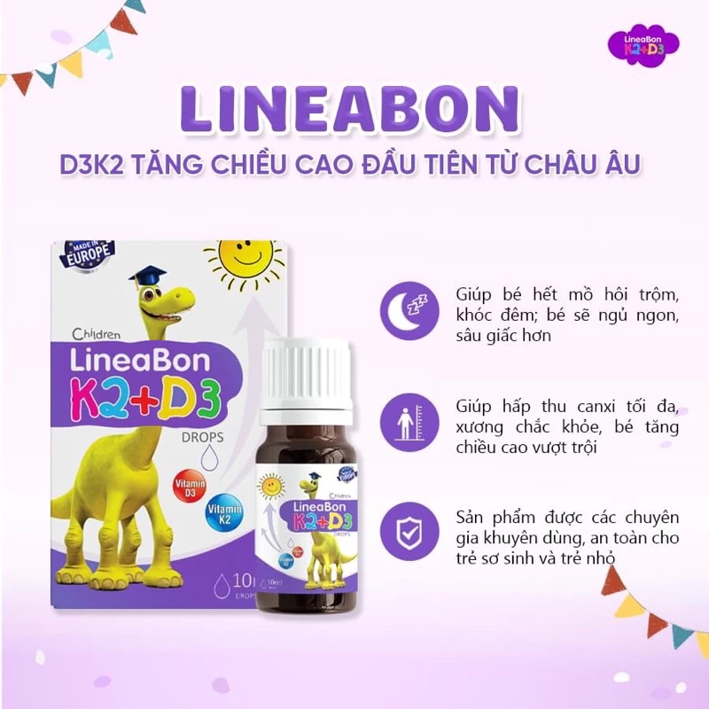 D3 K2 LineaBon 10ml - Vitamin tăng chiều cao cho bé K2 D3 Lineabon, d3k2mk7,tăng hấp thu canxi, phát triển chiều cao