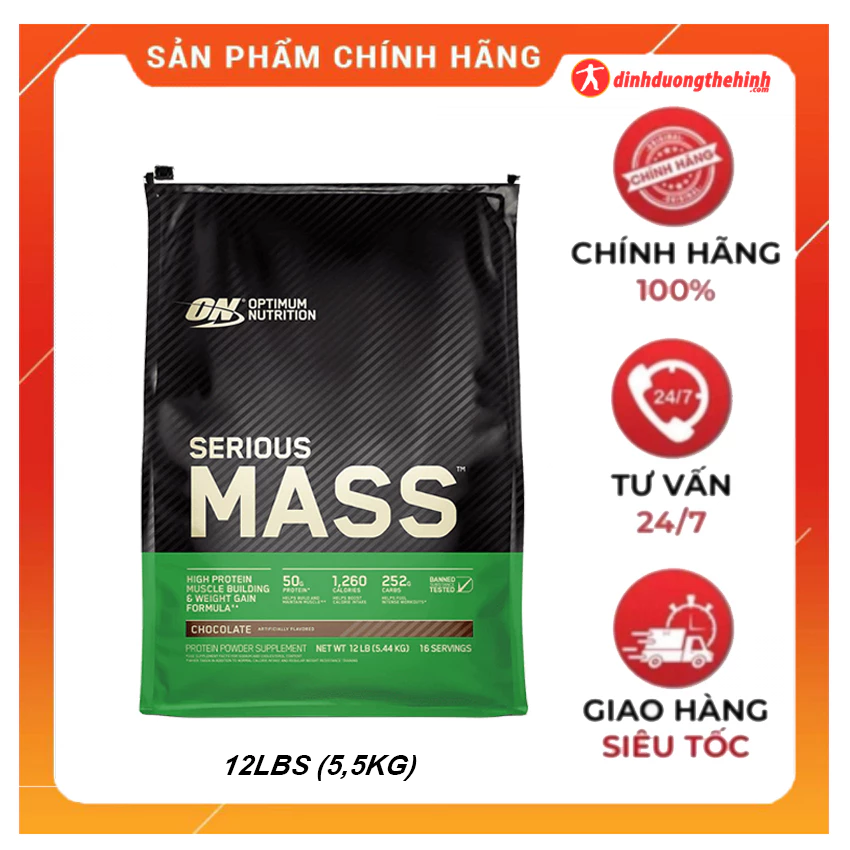 Sữa tăng cân Optimum Nutrition Serious Mass 12lbs (5,5kg) nhập khẩu Mỹ, tăng cân tăng cơ cho người gầy