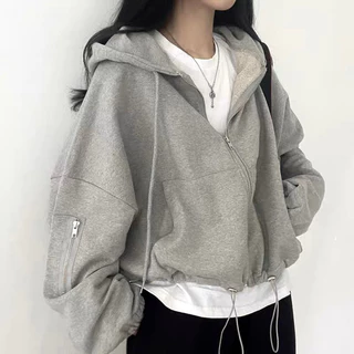 Áo Khoác Nỉ Hoodie Croptop dáng rộng dây rút eo xinh xắn giá rẻ