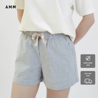 Quần Short NỮ AMM, Quần Sooc Nữ Cạp Chun, Hai Túi Chéo, Chất Thô Cotton, Mềm Mại, Thoáng Mát, Vải Kẻ Sọc W-BS21S-003B