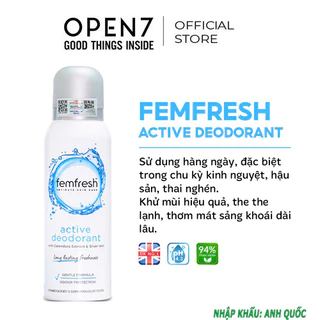 Xịt Thơm Mát, Khử Mùi Vùng Kín Chưa Ion Bạc Lưu Hương Suốt 12h Femfresh Deodorant Active 125ml