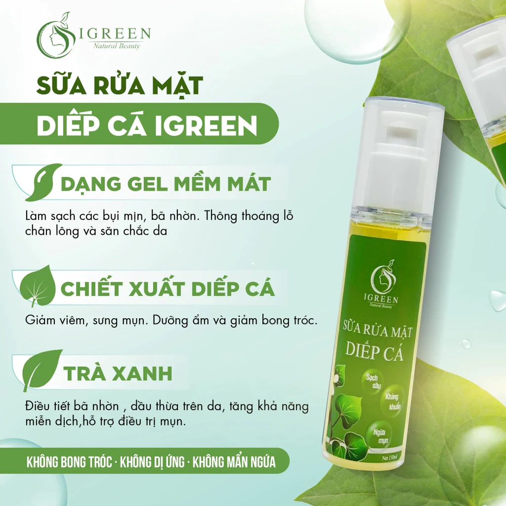 Sữa rửa mặt diếp cá thiên nhiên IGREEN 150ml hỗ trợ giảm mun dạng gel không kích ứng