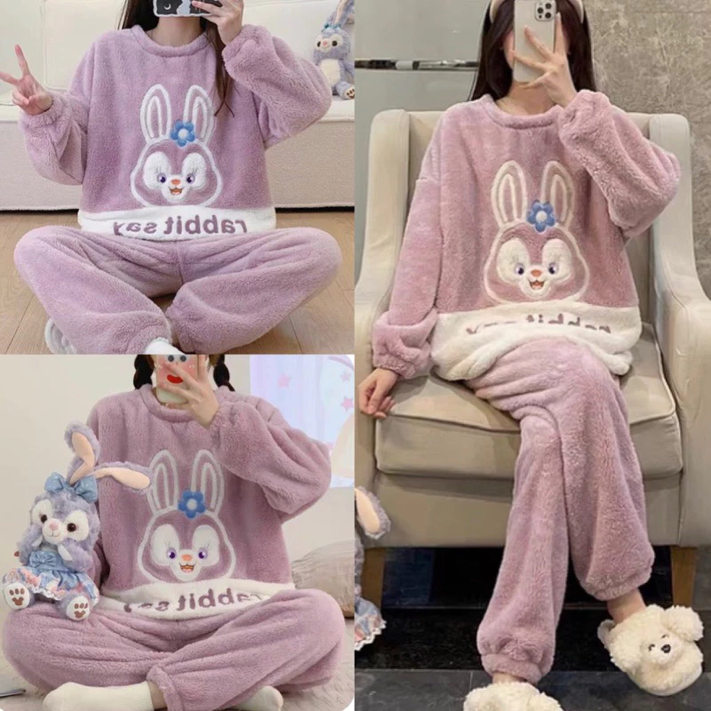 Bộ ngủ lông cừu 2 mặt mượt mà thêu thỏ tím Rabbit form rộng ấm áp, Set đồ mặc nhà lông gấu dễ thương hàn quốc