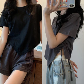 Áo thun croptop nữ tay ngắn cổ tròn màu trơn phối dây rút thời trang mùa hè