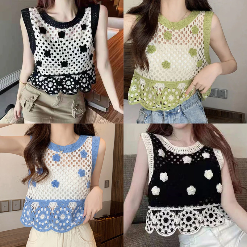 Swe mùa hè Rỗng ra hoa thêu dệt kim Tank Top phụ nữ retro vòng cổ không tay Crop Top drn