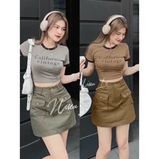 Set váy thời trang nữ,set áo croptop in chữ chân váy chữ A túi trẻ trung 2 màu