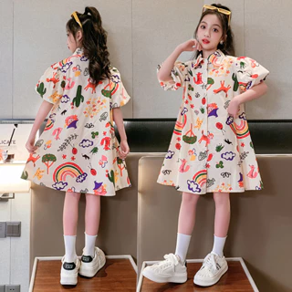 Váy sơ mi bé gái dáng rộng 2023 mới thời trang Hàn Quốc áo sơ mi bé gái váy mùa hè lớn cho trẻ em