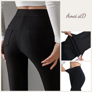 Quần legging nữ Amei.stD cạp chun chất vải cotton thoáng mát co giãn 4 chiều màu đen