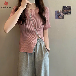 Áo len kiểu cộc tay cổ tròn kéo khoá LiiLove PG23