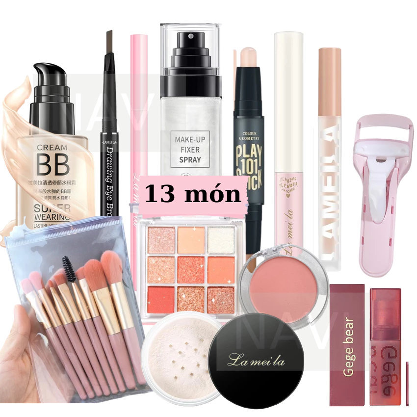 LAMEILA bộ trang điểm 13 sản phẩm Son môi+Mascara+kẻ mắt+Bàn chải trang điểm+Chất lỏng concealer+Lông mi clip.. NAVI