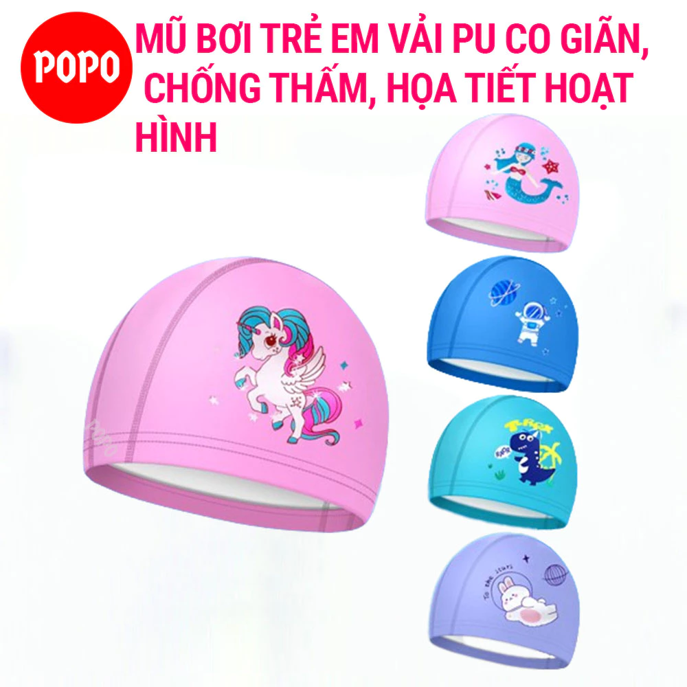 Mũ bơi vải PU co giãn, chống thấm nước POPO CA44 họa tiết ngộ nghĩnh cho bé từ 3 tuổi