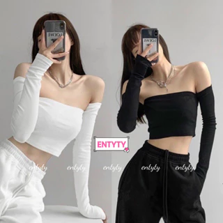 Áo trễ vai dài tay CUP thun co giãn - Áo Croptop tay dài trễ vai (Có Size).