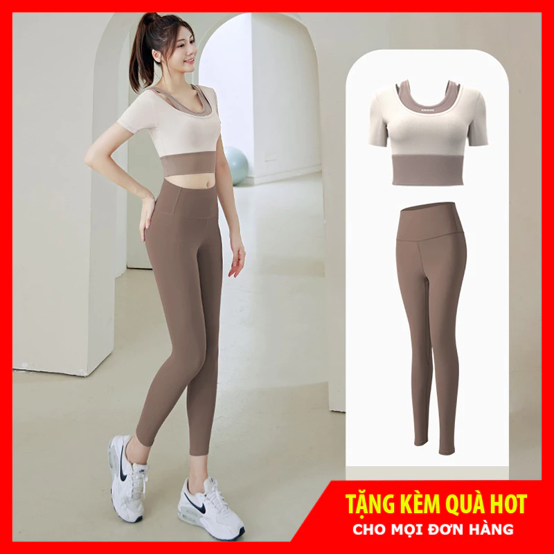 Bộ quần áo tập Gym Yoga nữ 2 món vải thun lạnh co giãn 4 chiều có mút ngực, Set quần dài và áo croptop ngắn tay