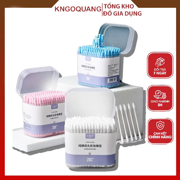 Tăm bông ngoáy tai 2 đầu, bông ráy tai dùng một lần thiết kế đa chức năng tiện dụng [Hộp 200 que]