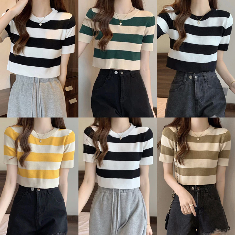 SWE Mùa Hè Cổ Điển Sọc Ngắn Tay Áo Dệt Kim T-Shirt Phụ Nữ Vòng Cổ Mỏng Crop Top DRN